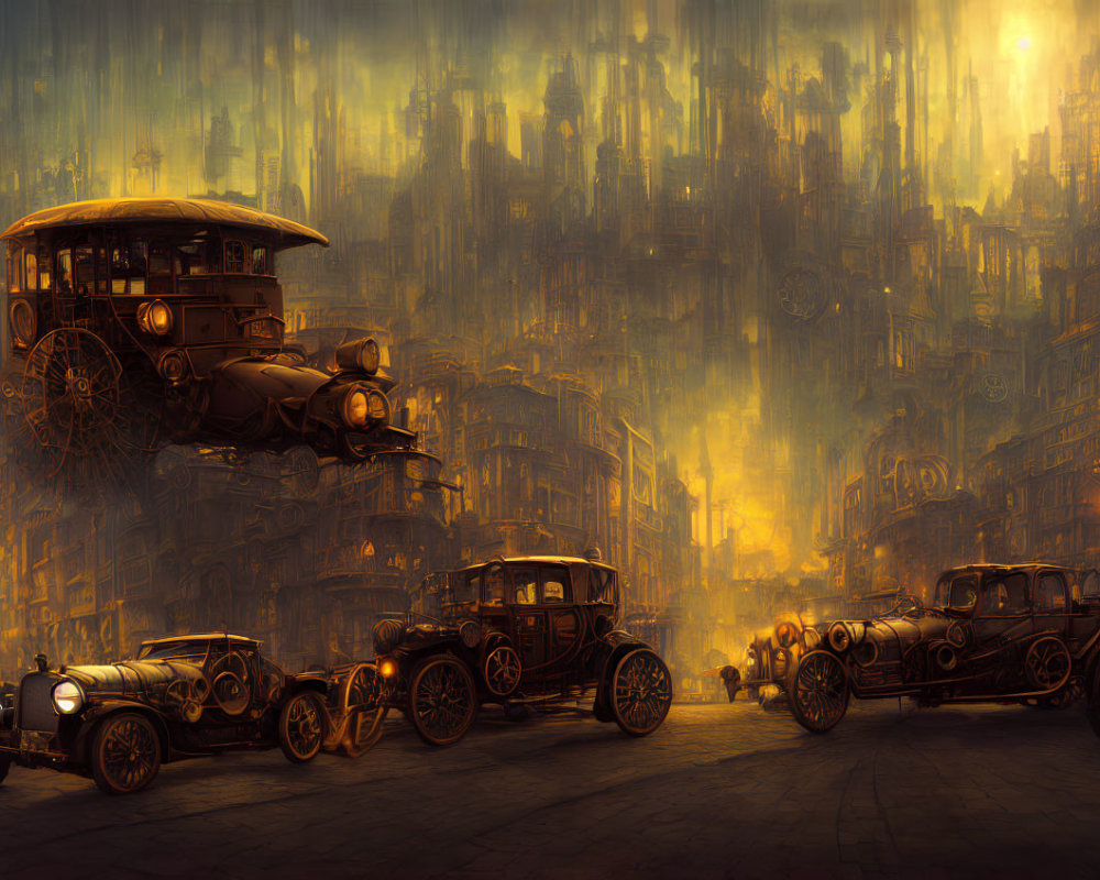 Steampunk-style vehicles on road in industrial cityscape.