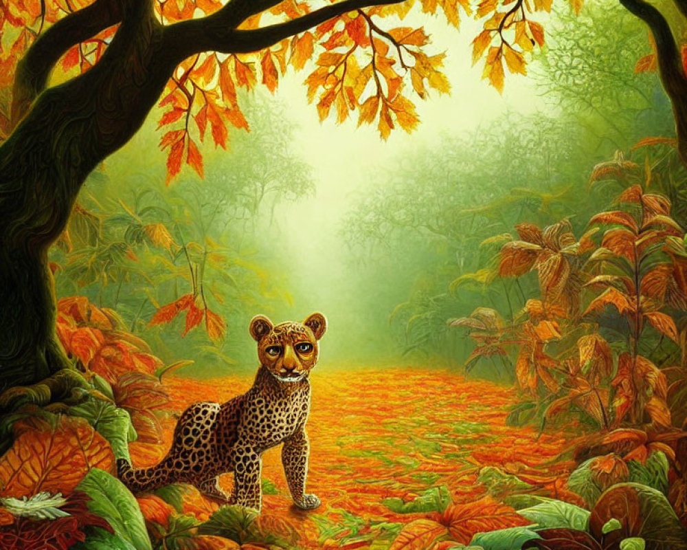 Leopard in Enchanted Forest with Autumn Foliage