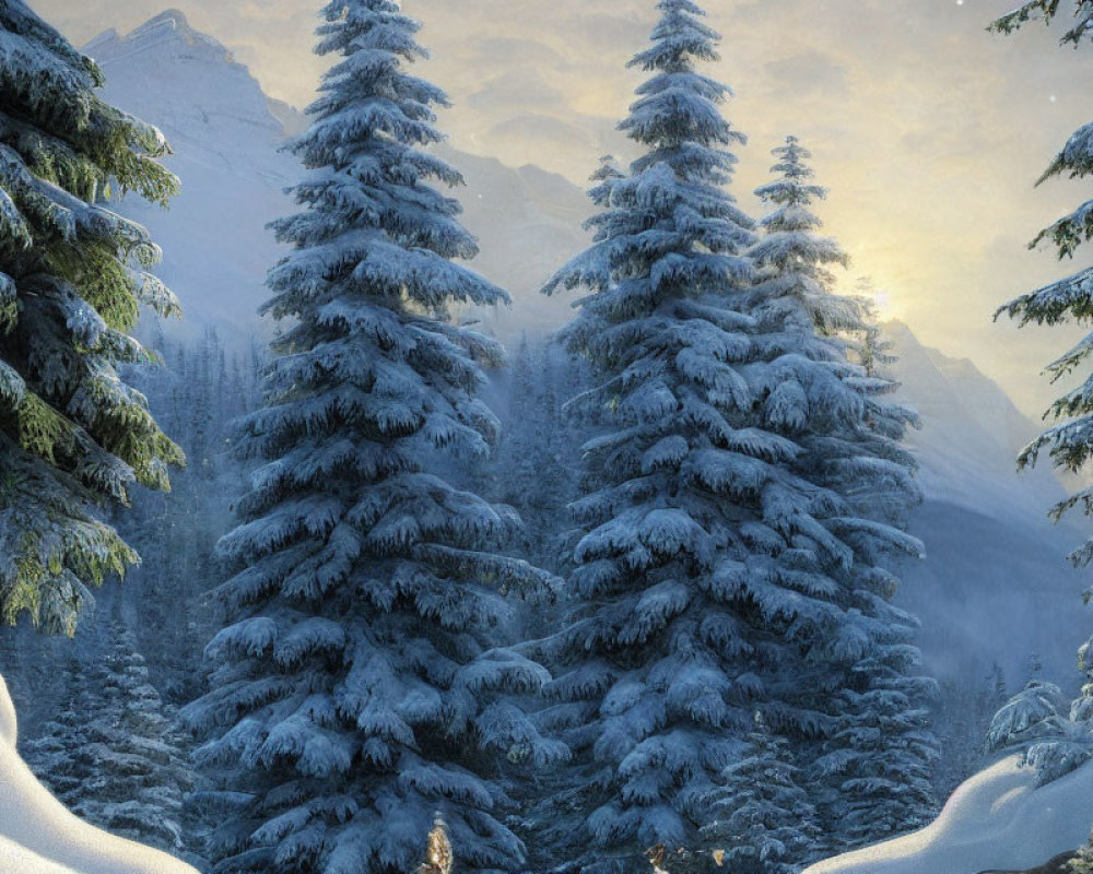 Serene winter landscape with snow-covered pine trees at sunrise