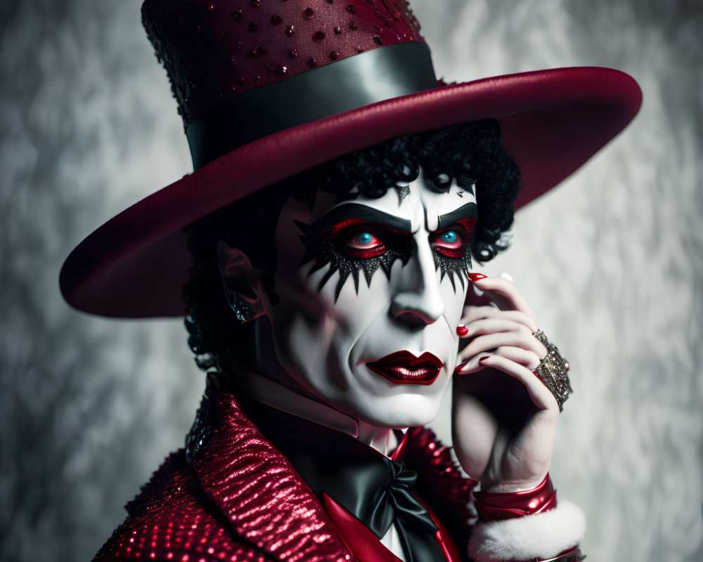 Colorful clown in red sequined outfit and top hat against grey background