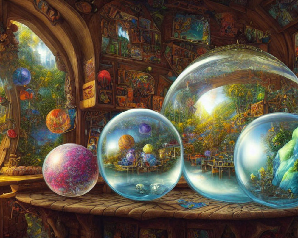 Room with books, artifacts, and miniature worlds in clear spheres