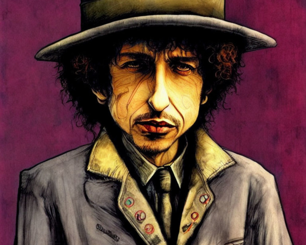 Curly-Haired Man in Hat and Coat on Purple Background