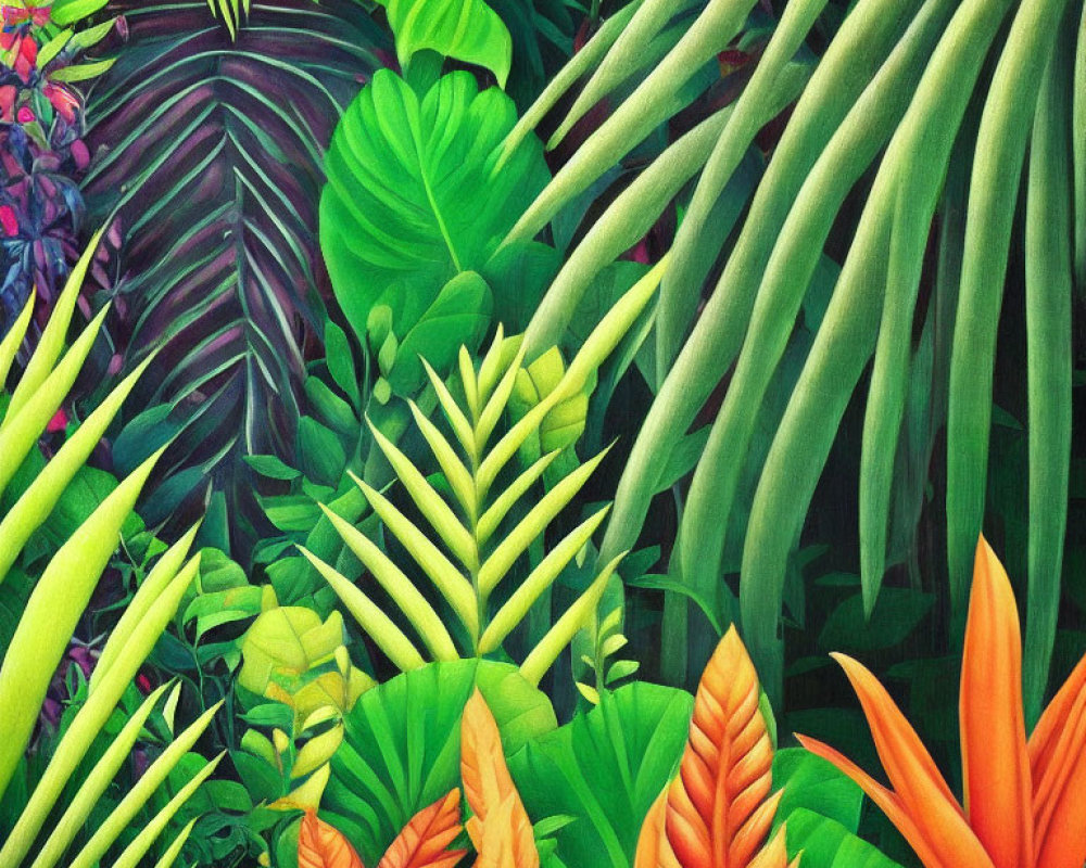 Colorful Tropical Foliage Painting with Green Leaves and Orange Flowers