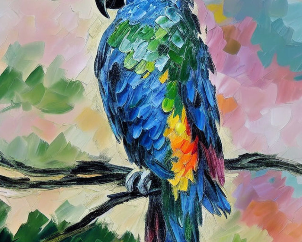 Colorful Oil Painting: Blue and Green Parrot on Branch