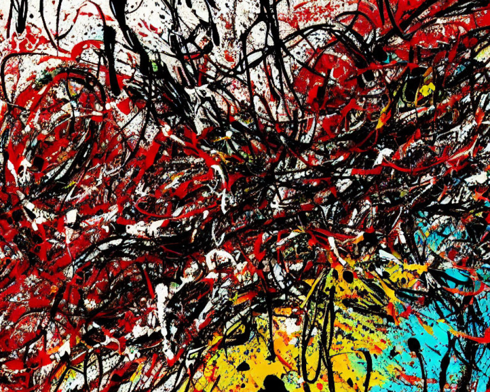 Vibrant abstract painting with energetic splatters of black, red, yellow, and white on chaotic