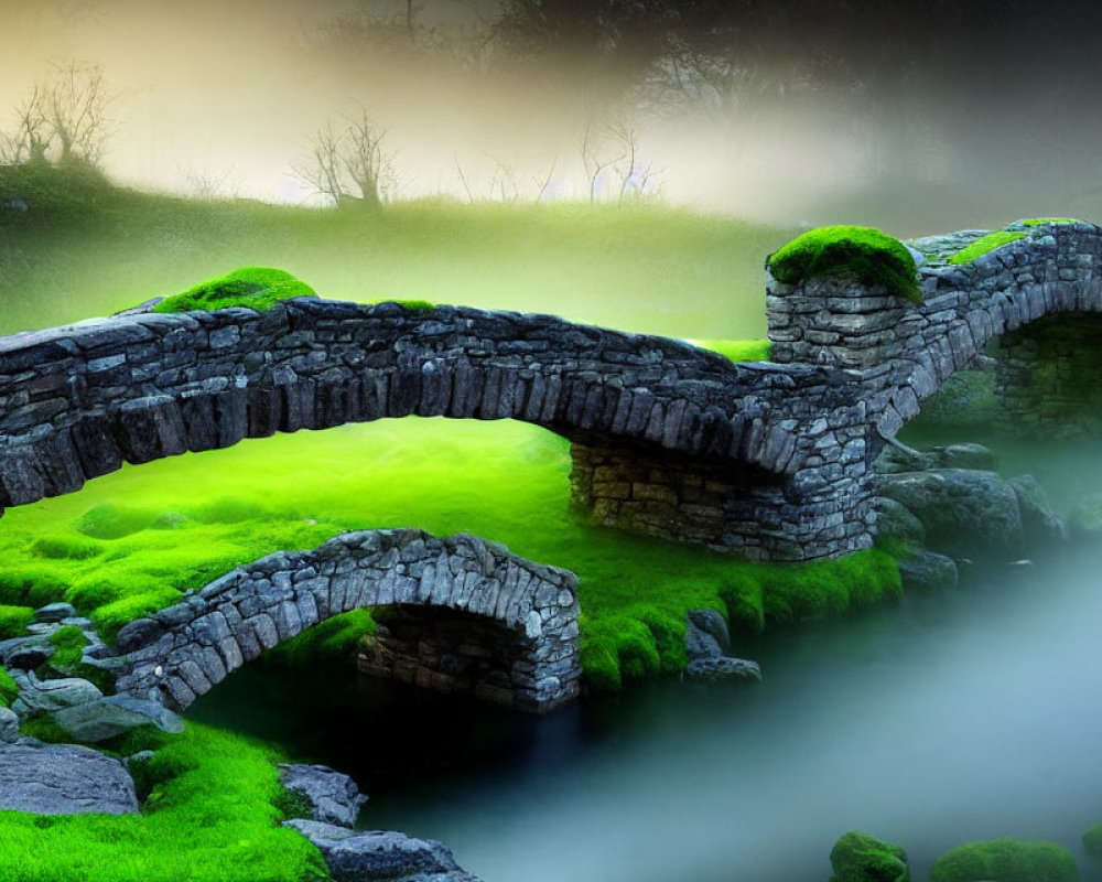 Moss-Covered Stone Bridge Over Misty Stream in Lush Greenery