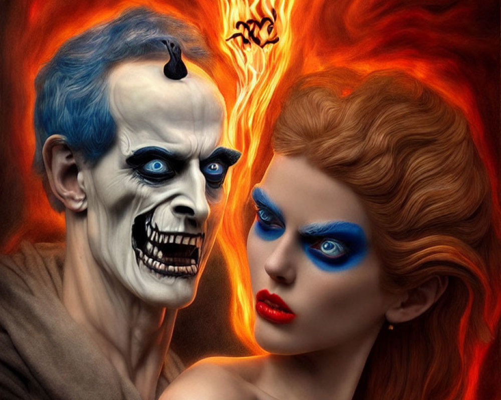 Two individuals with skull and fiery creature fantasy makeup in front of flames.