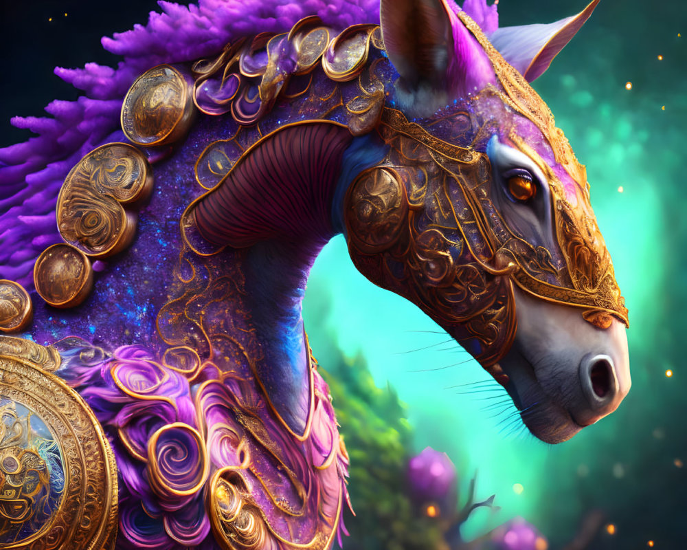 Fantastical creature with purple starry fur and golden armor.