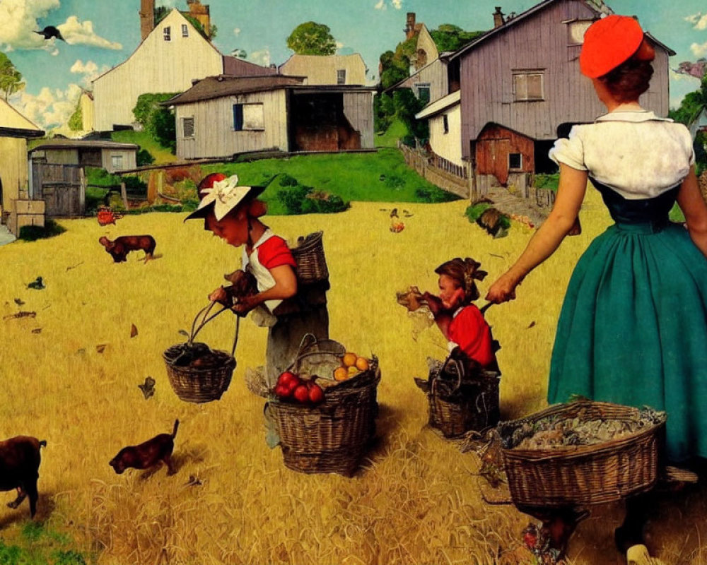 Woman in blue skirt and white blouse watching children and pets picking apples in rustic farmyard with barns