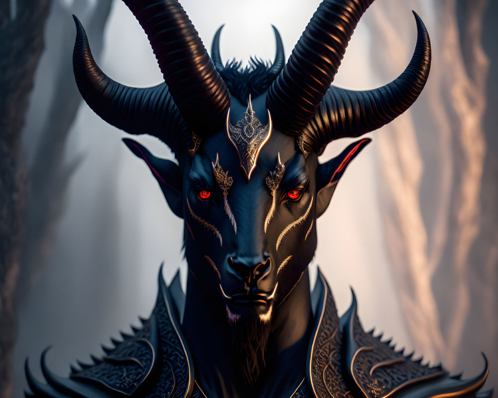 Dark creature with black fur, curved horns, and glowing eyes in intricate armor