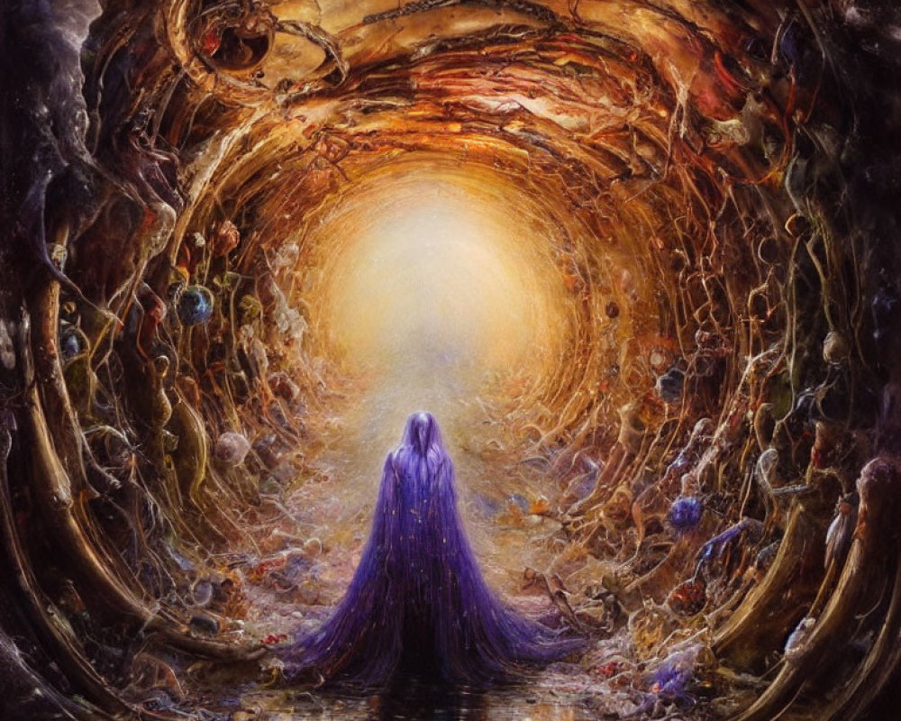 Mystical Figure in Purple Cloak at Entrance of Illuminated Tunnel