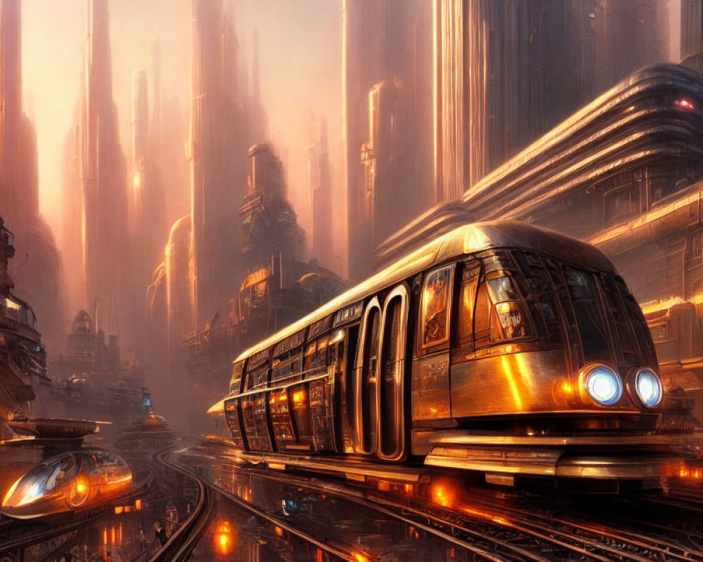 Futuristic cityscape with golden-lit skyscrapers and modern train