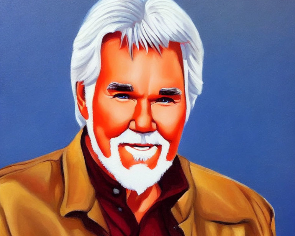 Smiling man with white hair and beard in brown jacket on blue background