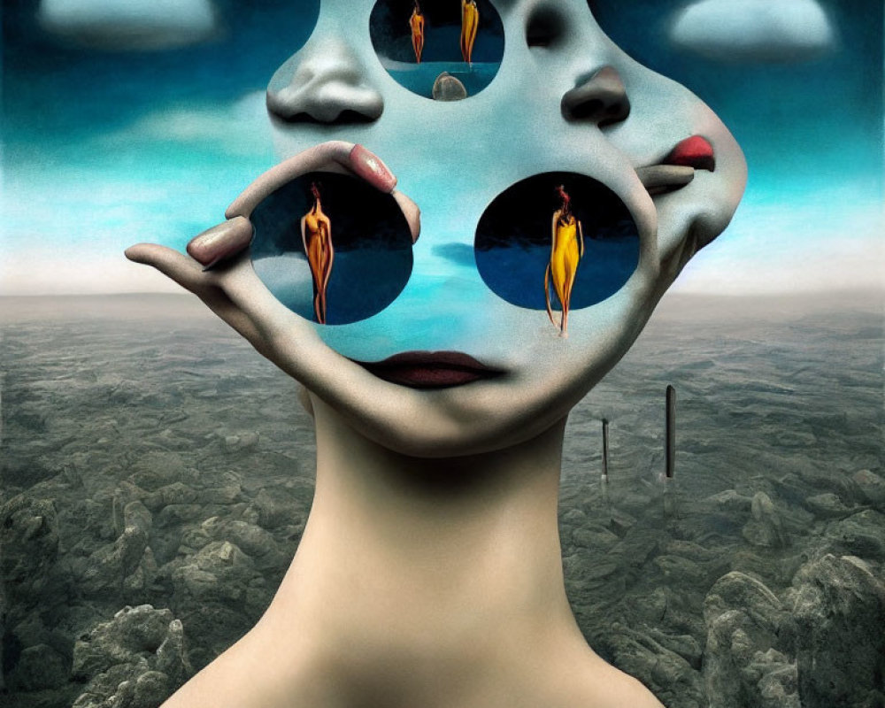 Surreal art: Face with multiple eyes and lips, person in eye holes, barren landscape.