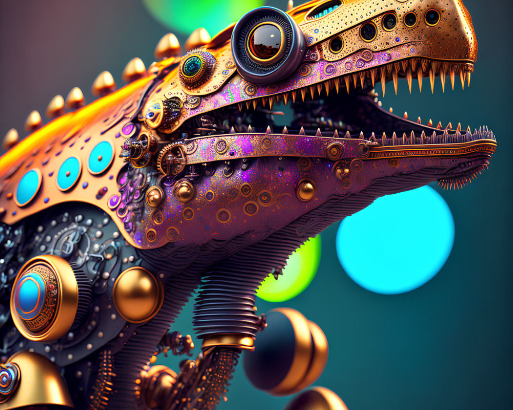 Detailed 3D Illustration: Robotic Dinosaur Head with Steampunk Gears