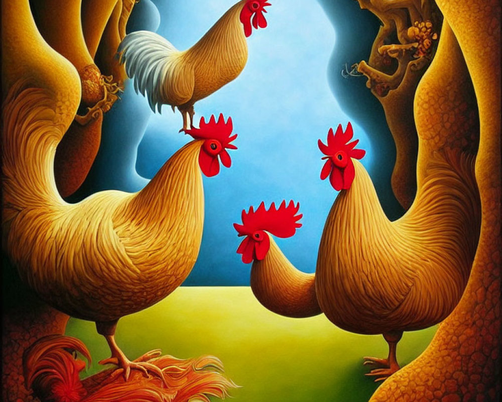 Vibrant Stylized Painting of Three Roosters in Whimsical Setting