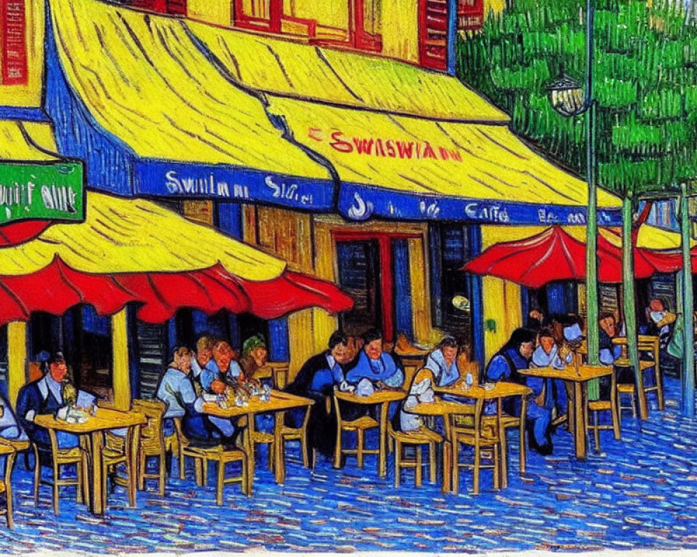 Colorful Night Street Café Painting with Patrons and Starry Sky