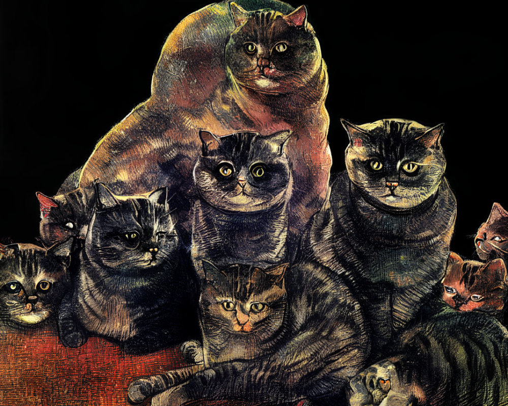 Seven Chubby Cats Illustration: Prominent Eyes, Various Expressions, Dark Background, Warm Glow