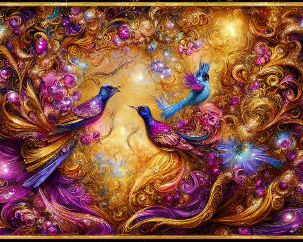 Colorful artwork of two stylized birds in ornate background