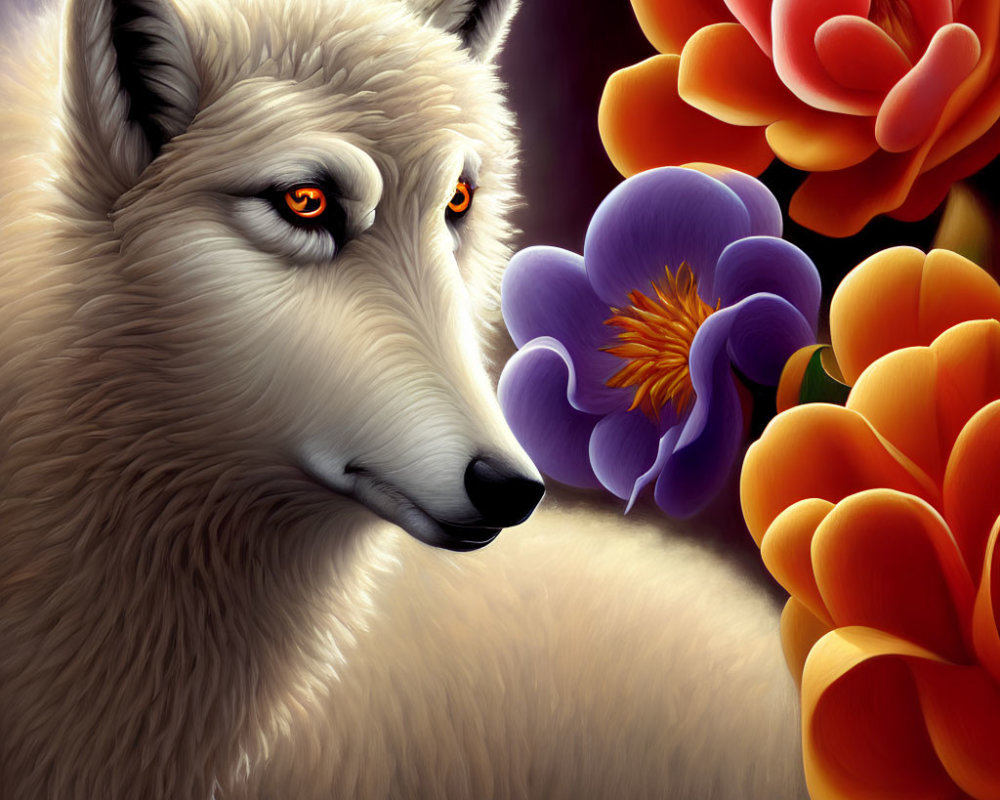 Detailed White Wolf Illustration Among Orange and Purple Flowers on Dark Background