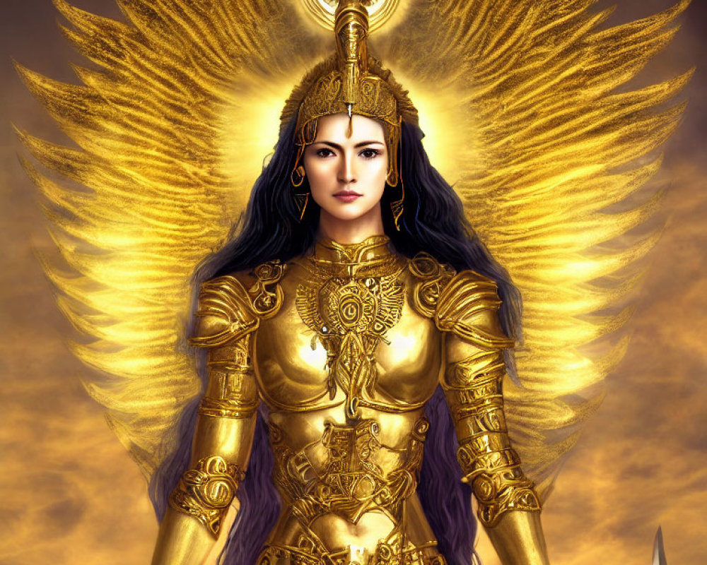 Female warrior in golden armor with feather halo and intricate headpiece