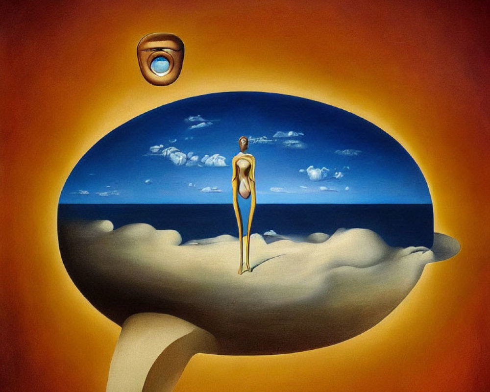 Surrealistic painting of solitary figure in desert landscape with large eyes