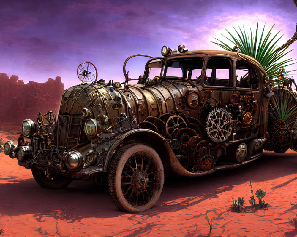 Steampunk-style car with metalwork and gears in desert landscape