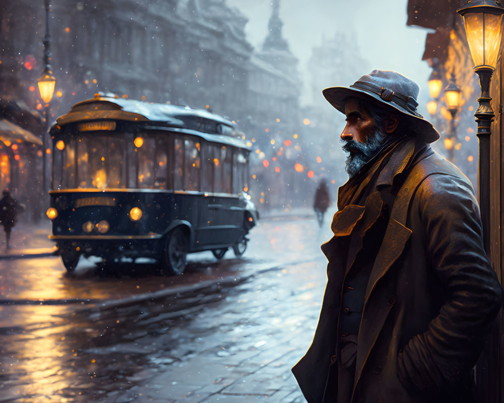 Bearded man in hat and coat by streetlight as vintage tram passes in snowy cityscape