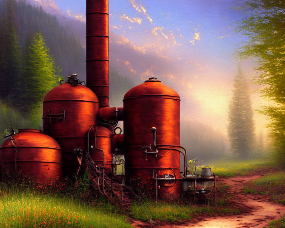 Tranquil forest scene with rustic copper distillery at sunrise or sunset