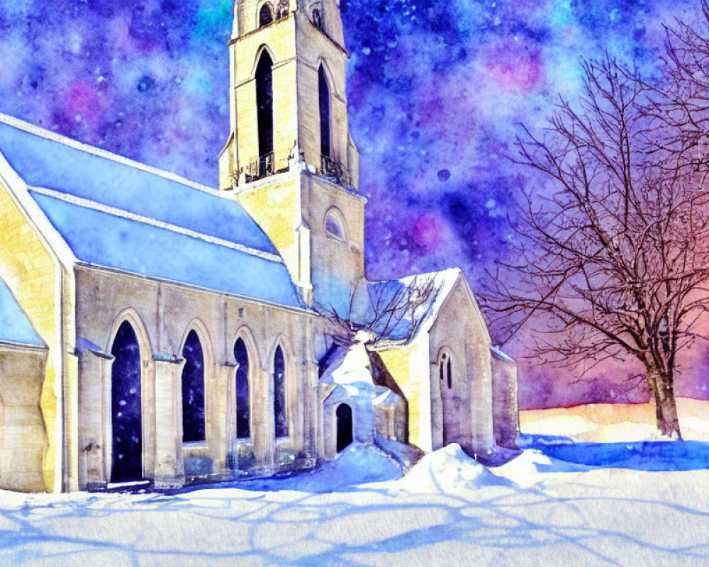 Vibrant watercolor painting of church in snowy landscape with mystical sky