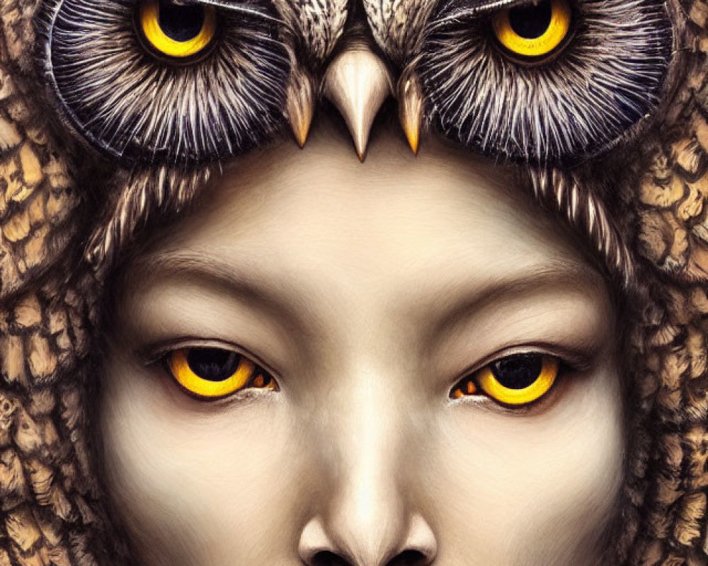 Surreal portrait blending human face with owl features and intense yellow eyes