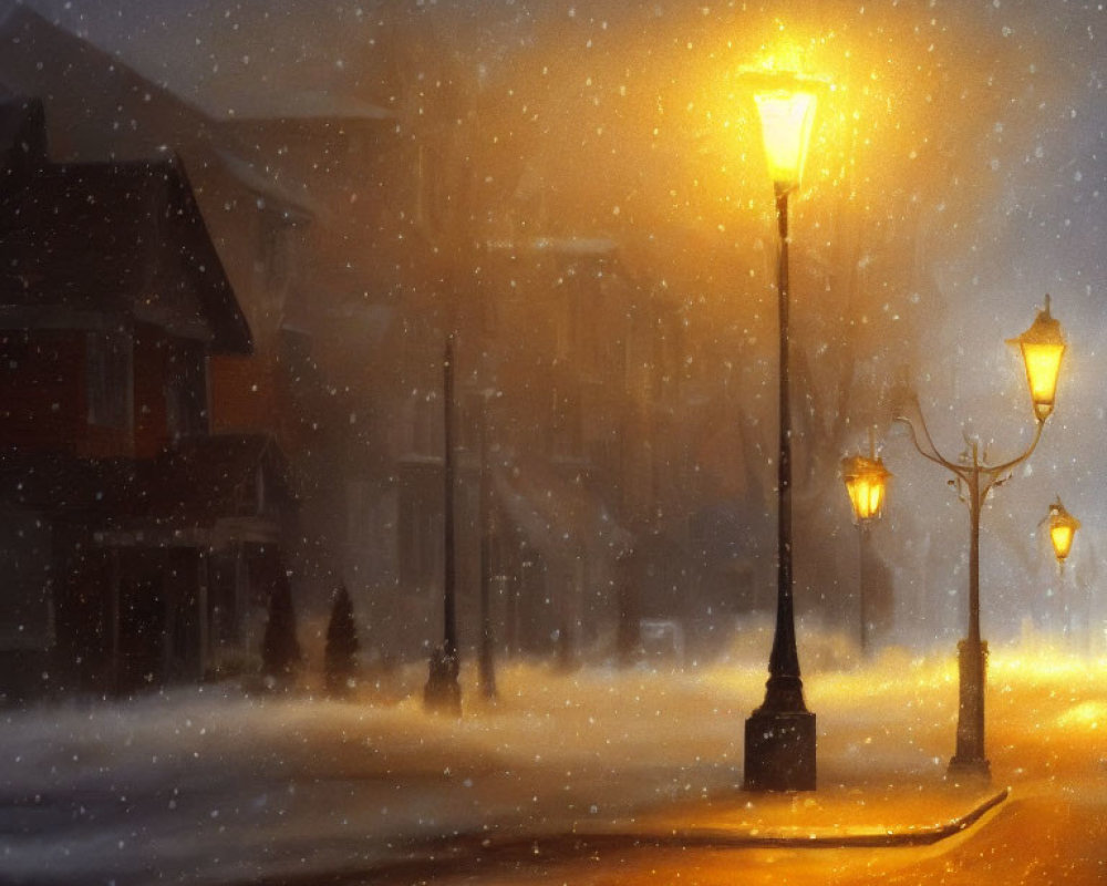 Snowy Street at Night: Warm Streetlights, Falling Snowflakes