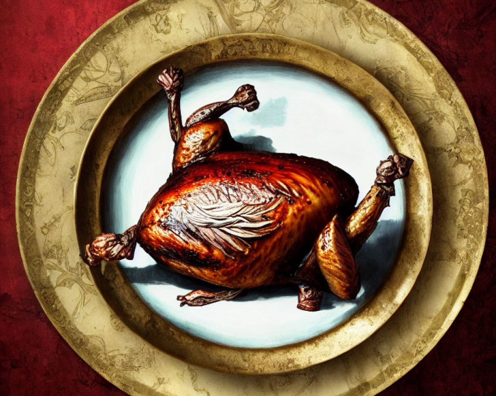 Golden-brown roasted turkey on ornate platter against red background