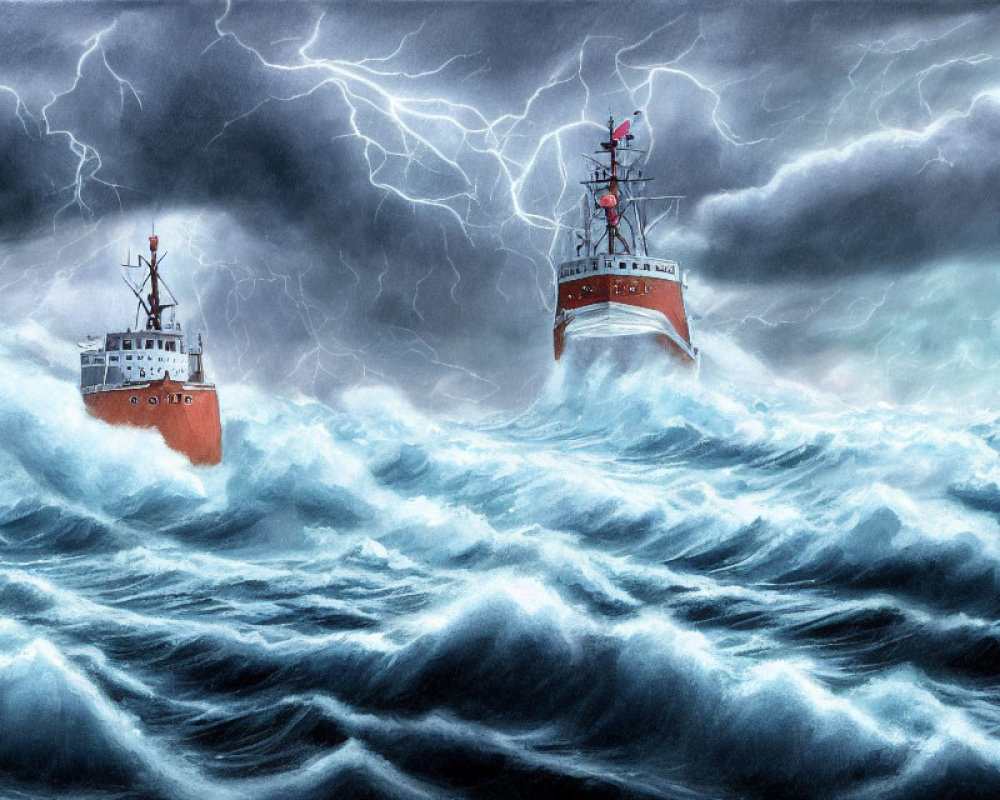 Ships in stormy seas with lightning strikes