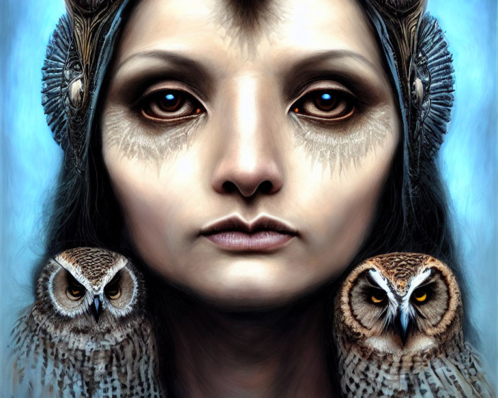 Woman with Owl Headwear Surrounded by Realistic Owls on Blue Background