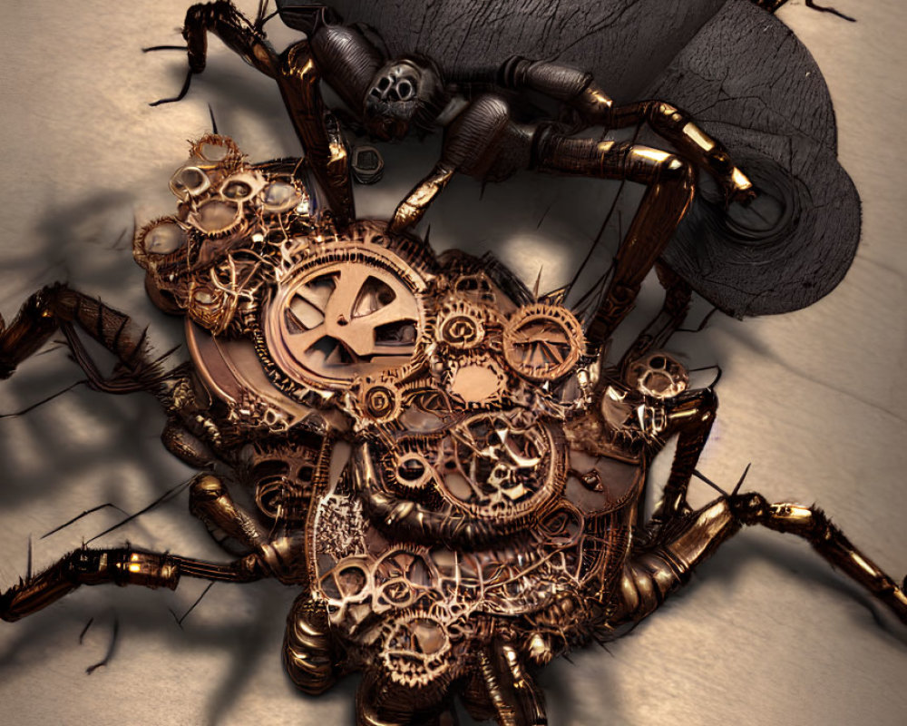 Intricate Steampunk Mechanical Spider with Metal Gears on Textured Surface