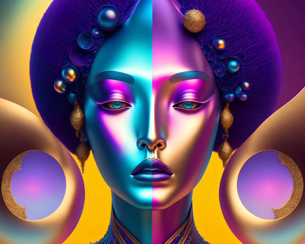 Symmetrical female face digital artwork with purple skin and golden accessories