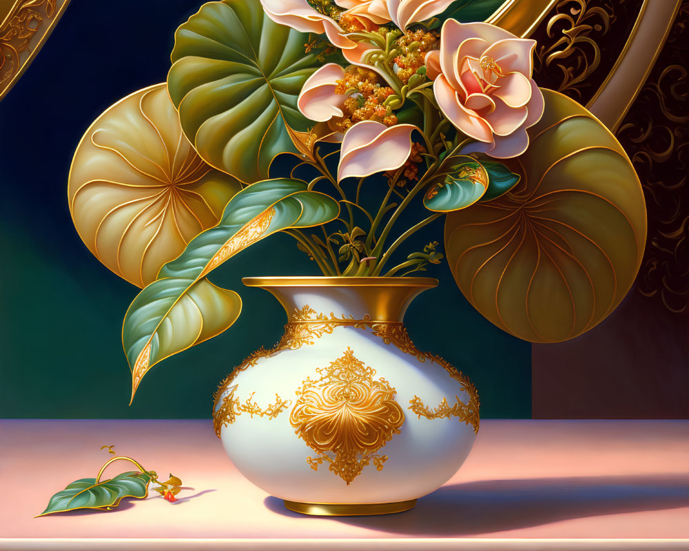 Gold and White Vase with Peach Flowers and Green Leaves on Table