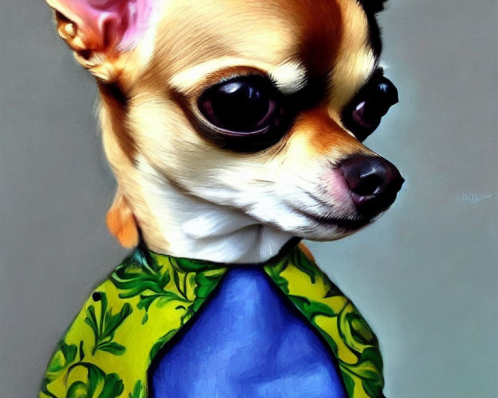 Stylized portrait of a Chihuahua in traditional clothing