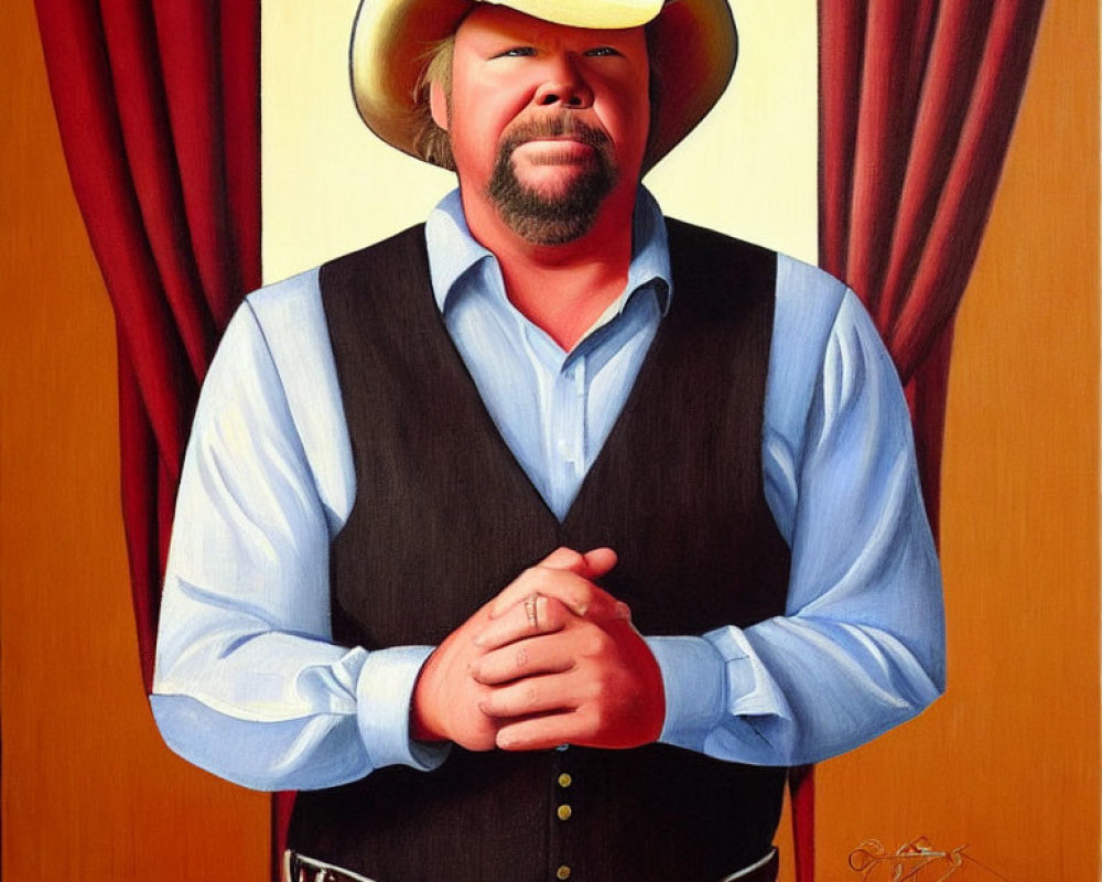 Portrait of a man in cowboy attire with mustache and confident pose