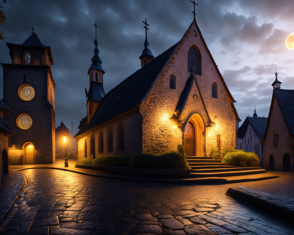 Medieval church and buildings at night with cobblestone paths and glowing moon