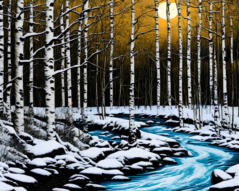 Winter landscape with blue river, snow-covered rocks, birch trees, and full moon.