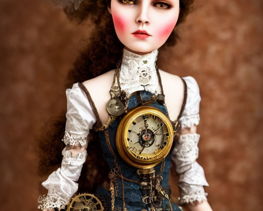 Steampunk doll with clock torso, lacey blouse, denim corset, gears & cogs