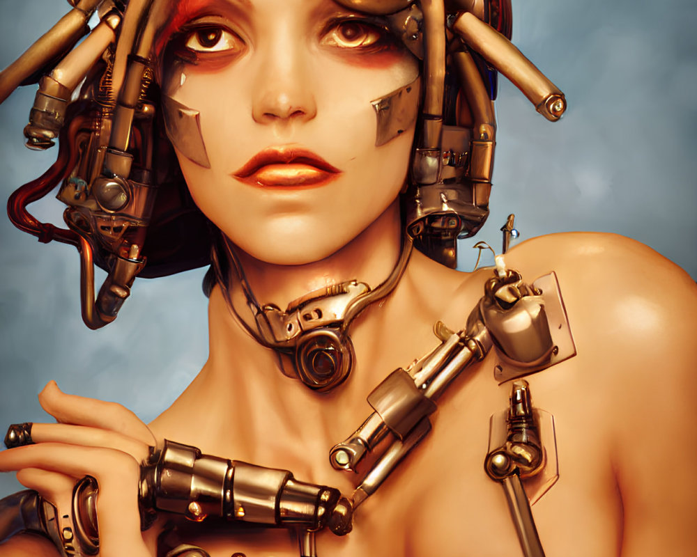 Digital artwork of female figure with cybernetic enhancements on head and neck against blue background