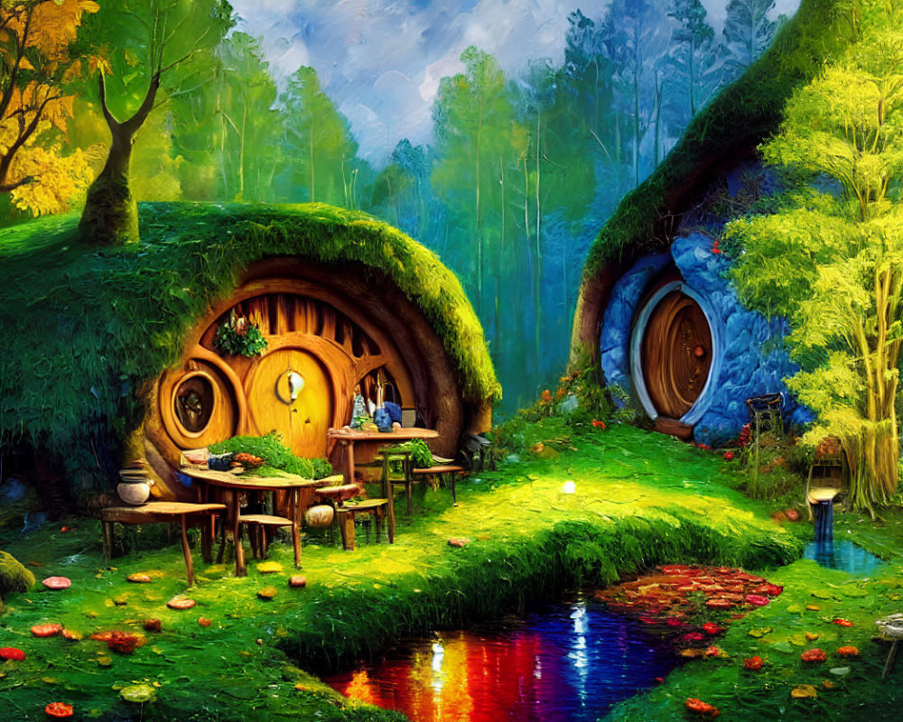 Whimsical artwork of vibrant hobbit houses in lush greenery