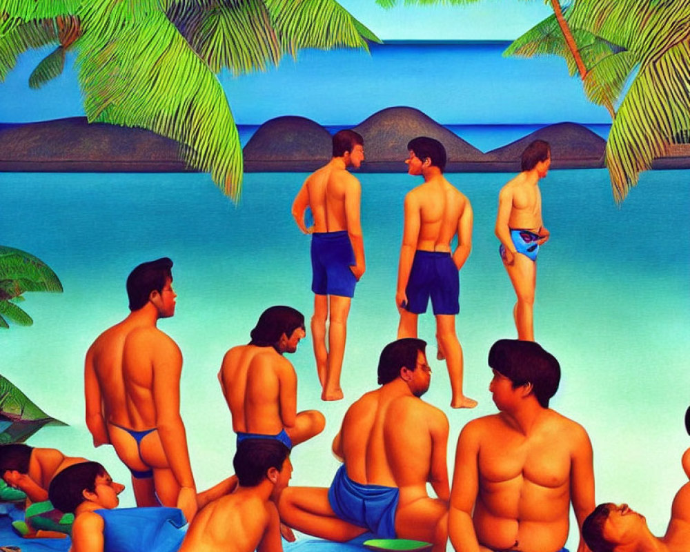 Colorful Painting of Men in Swimwear at Tropical Beach