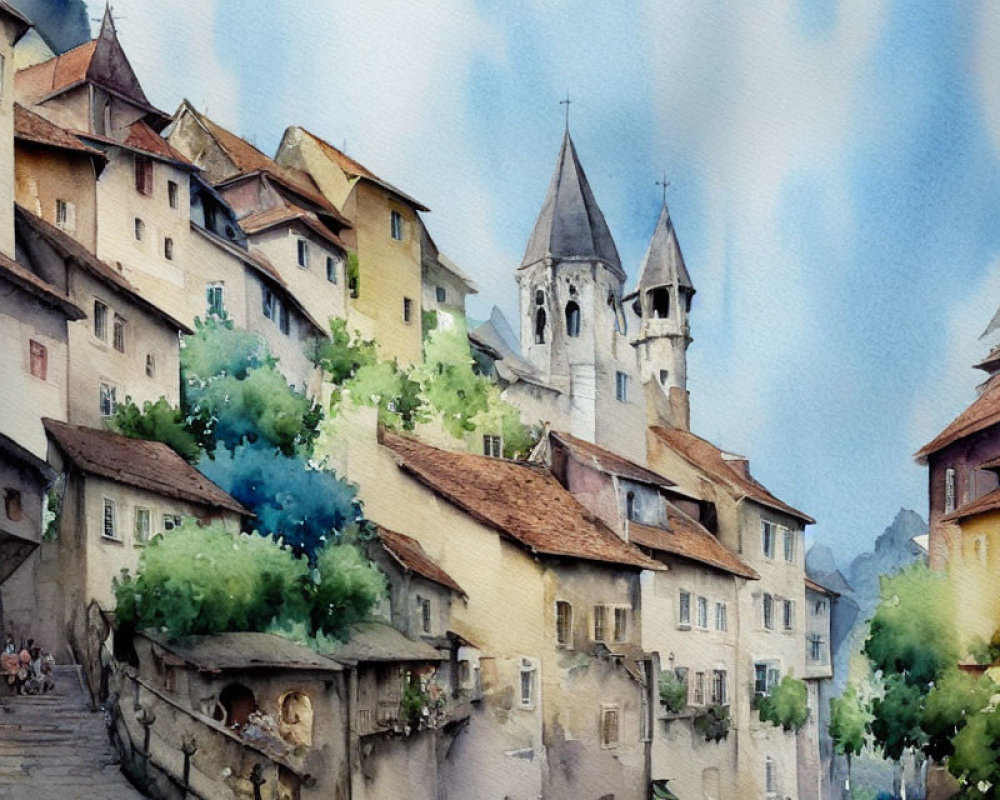 Quaint European village watercolor painting with historic buildings and church tower