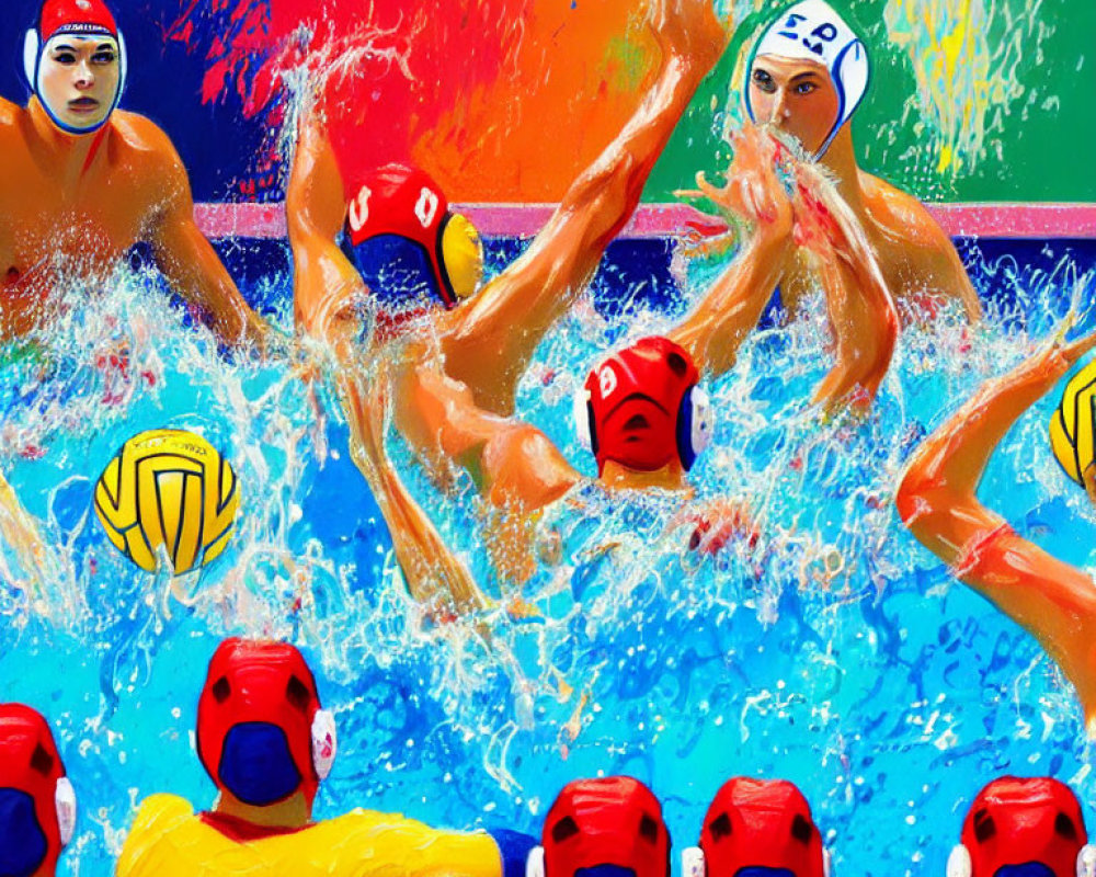 Colorful Water Polo Match Illustration with Players in Red and Yellow Caps