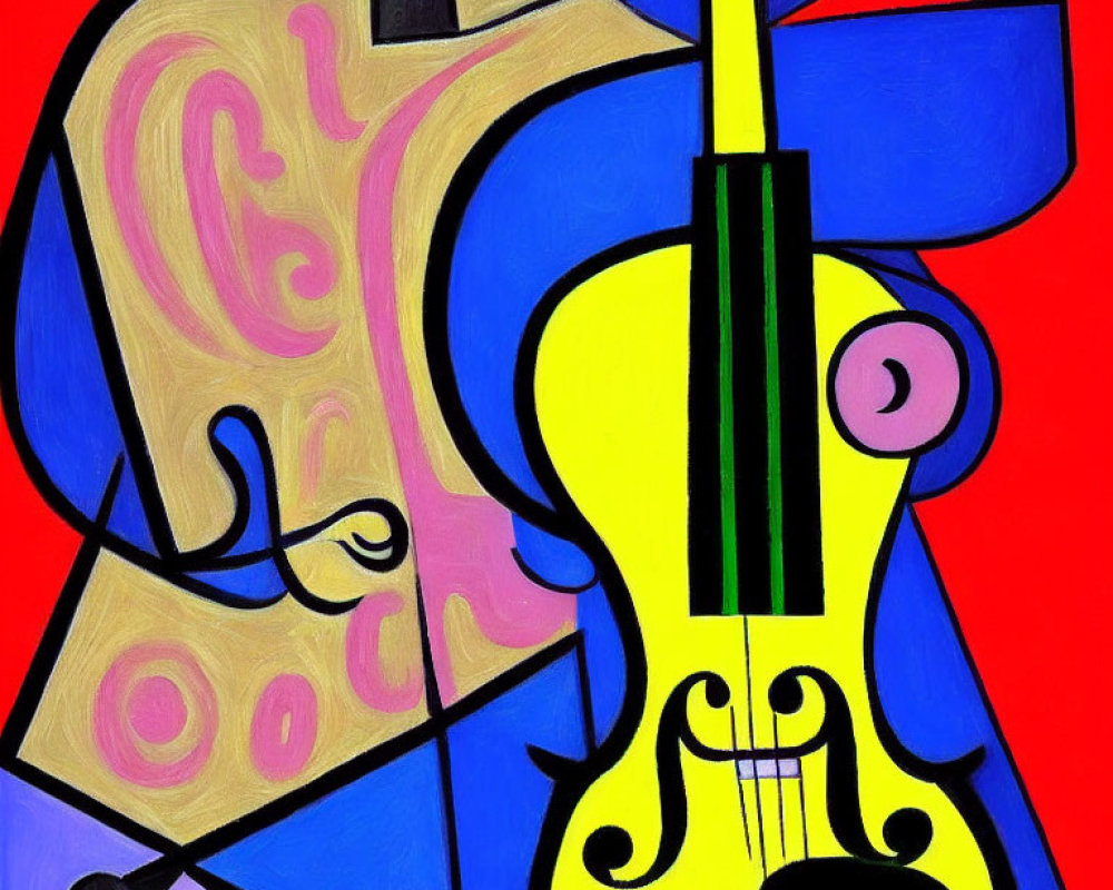 Colorful abstract painting with stylized violin and swirling patterns.