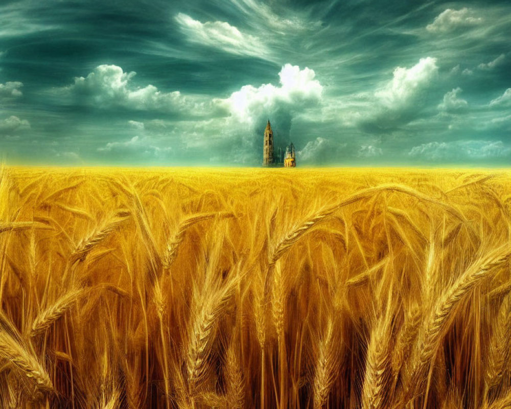 Vast wheat field under dramatic sky with distant twin towers.